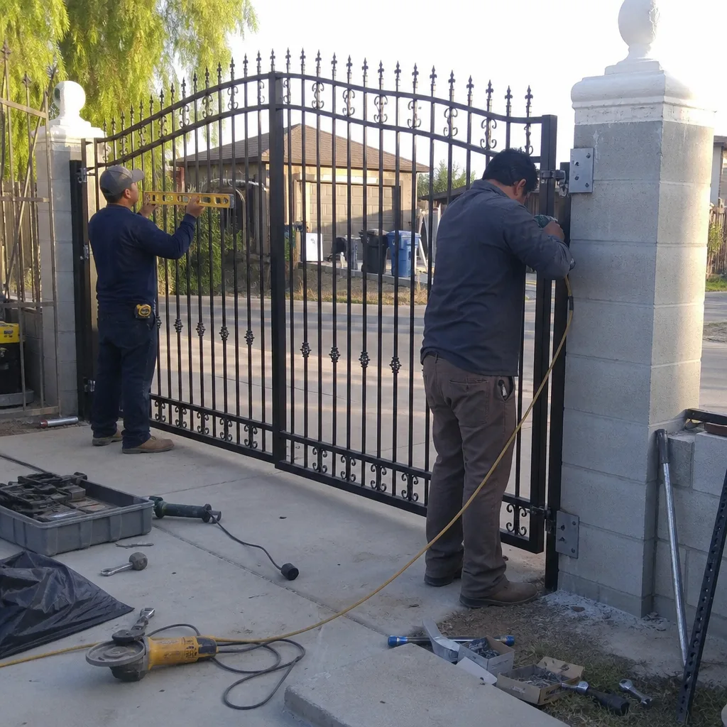 Two professionals installing a custom wrought iron security gate