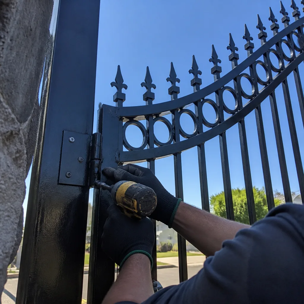 Technician using a power drill to install a metal gate hinge