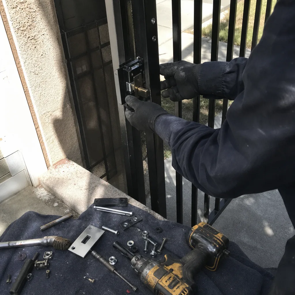 Professional technician repairing a gate lock with power tools