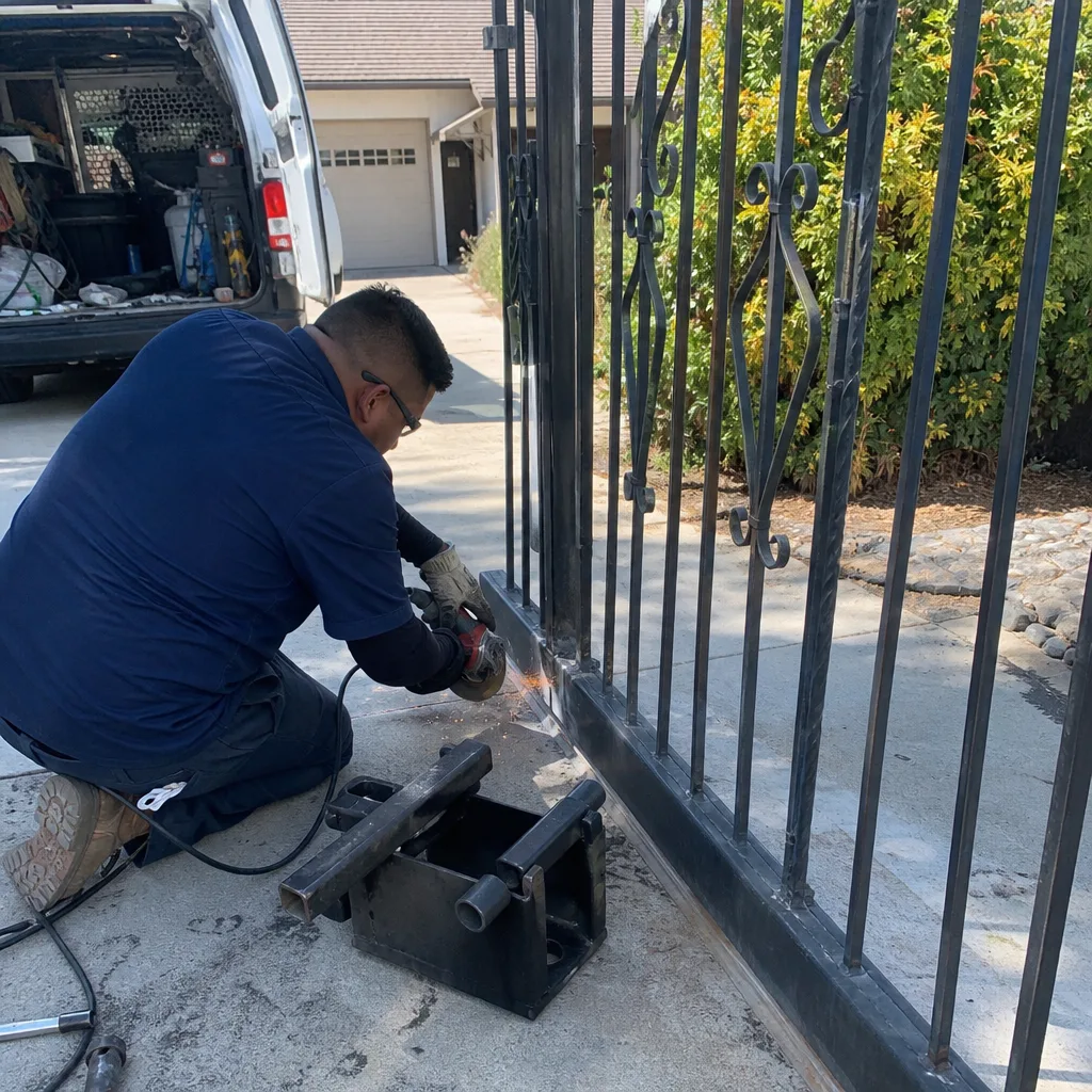 Professional technician performing on-site metal gate repair and maintenance