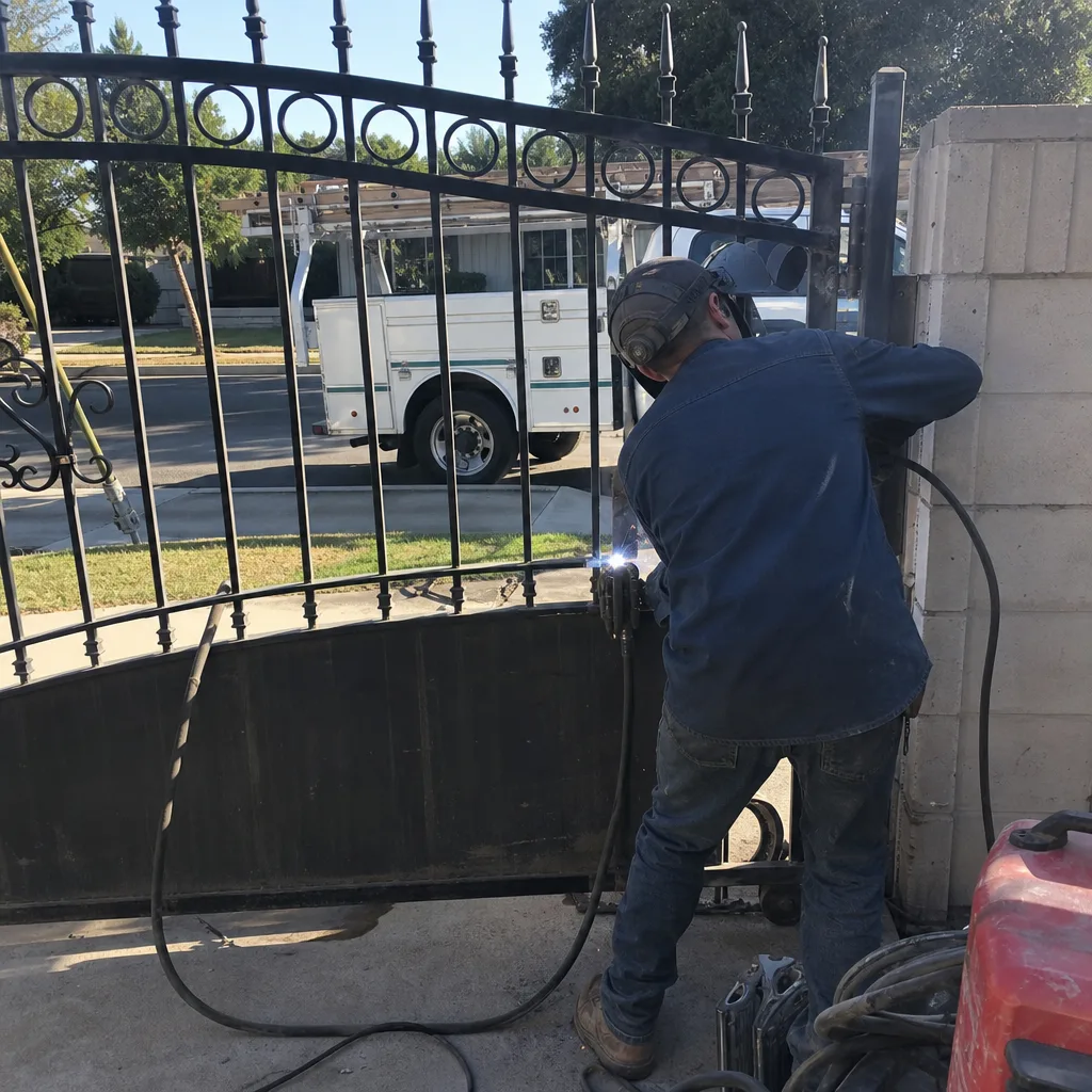 professional welding and repairing a metal driveway gate